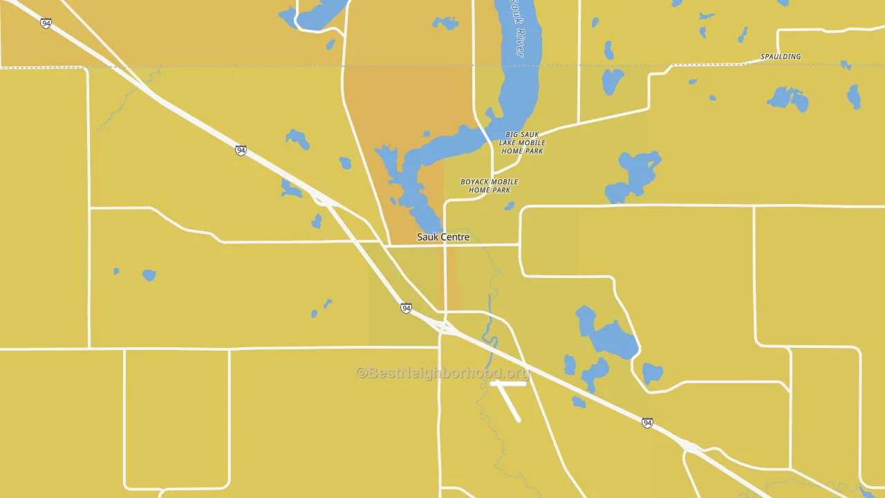 Map of the best neighborhoods in the Sauk Centre area, with better matches in green and worse matches in red