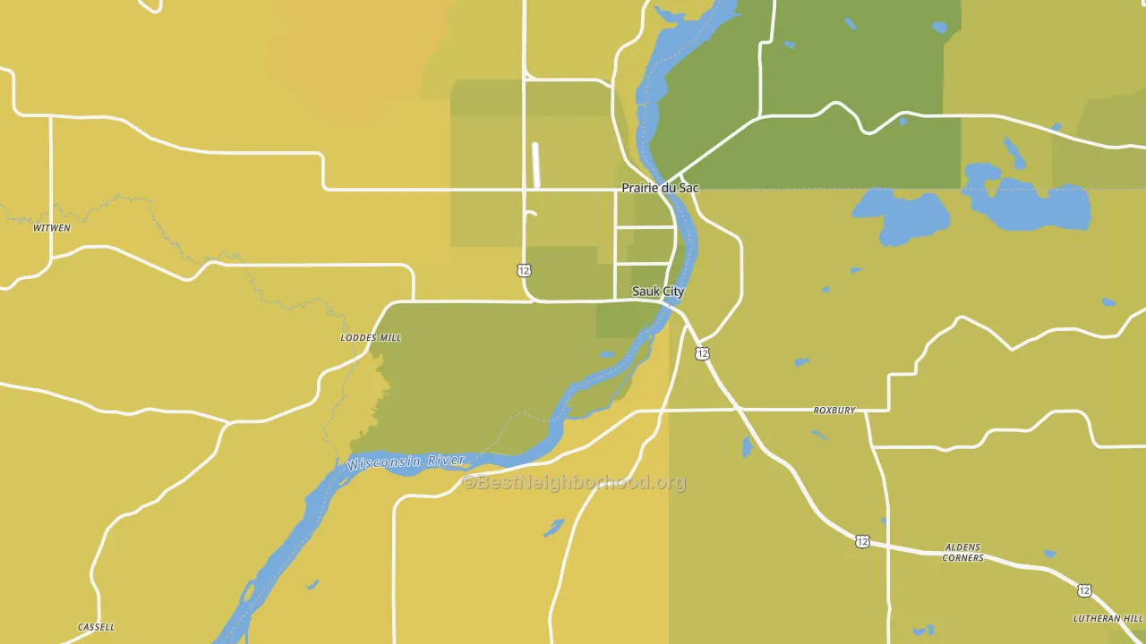 Map of the best neighborhoods in the Sauk City area, with better matches in green and worse matches in red