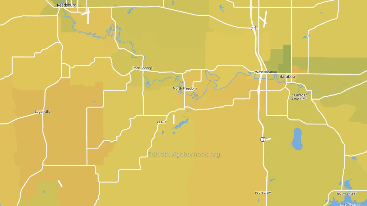 Map of the best neighborhoods in the Sauk County area, with better matches in green and worse matches in red
