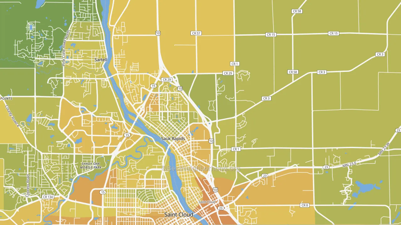 Map of the best neighborhoods in the Sauk Rapids area, with better matches in green and worse matches in red