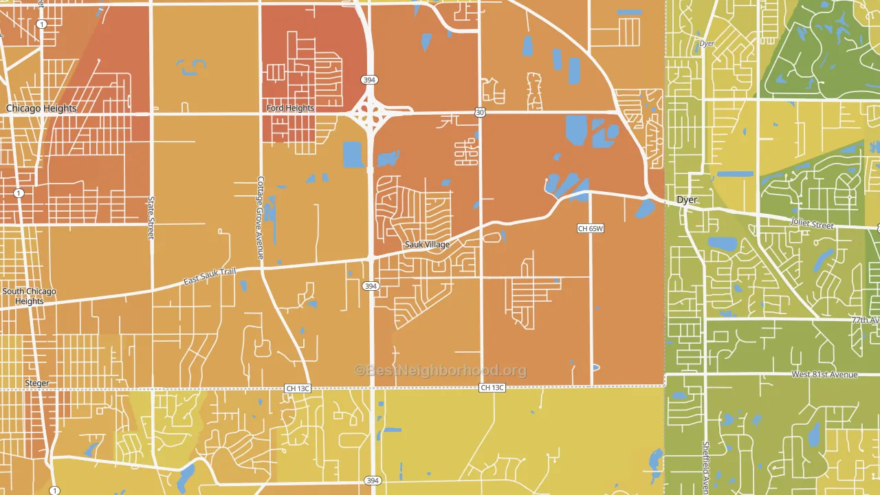 Map of the best neighborhoods in the Sauk Village area, with better matches in green and worse matches in red