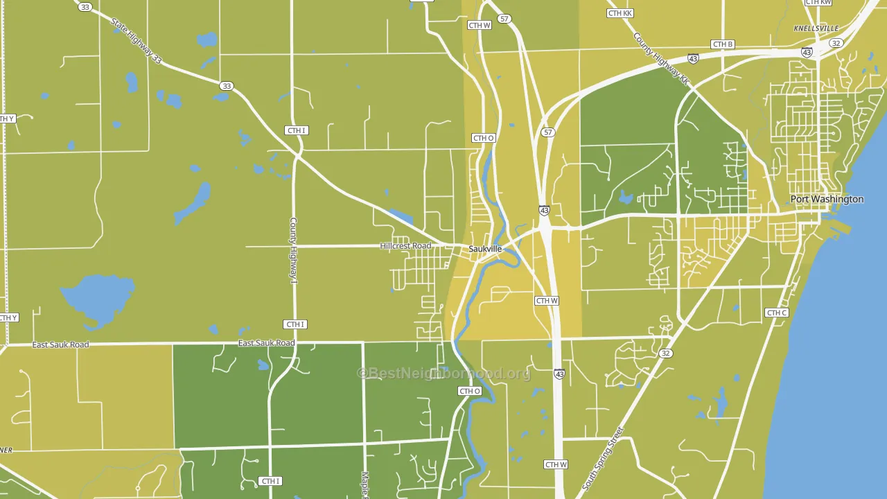Map of the best neighborhoods in the Saukville area, with better matches in green and worse matches in red