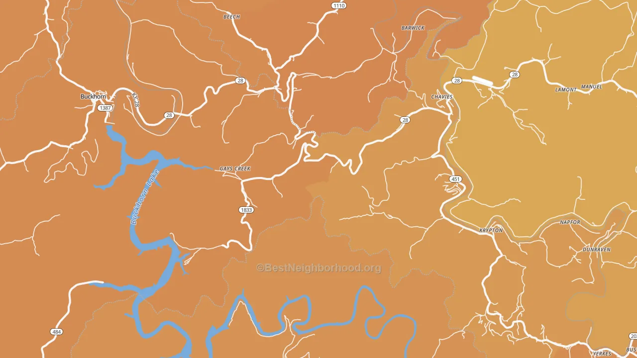 Map of the best neighborhoods in the Saul area, with better matches in green and worse matches in red