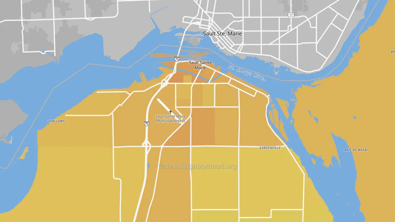 Map of the best neighborhoods in the Sault Ste. Marie area, with better matches in green and worse matches in red