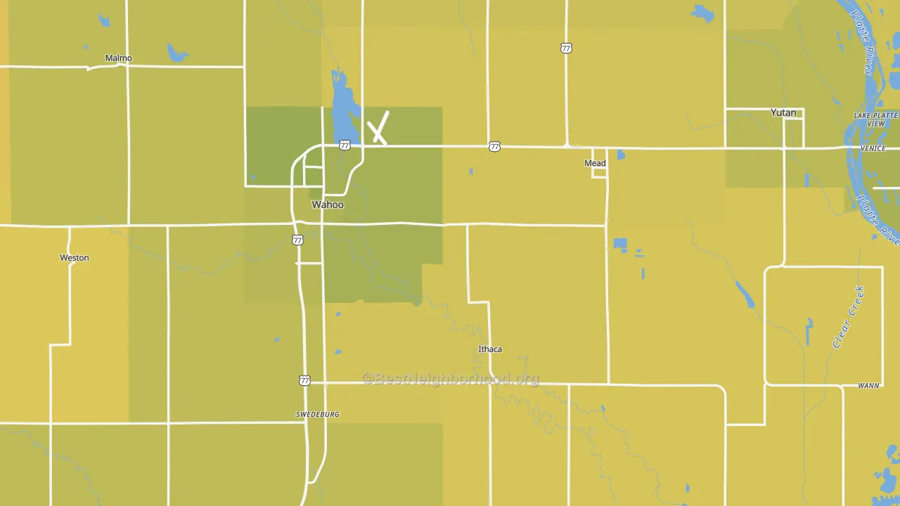 Map of the best neighborhoods in the Saunders County area, with better matches in green and worse matches in red