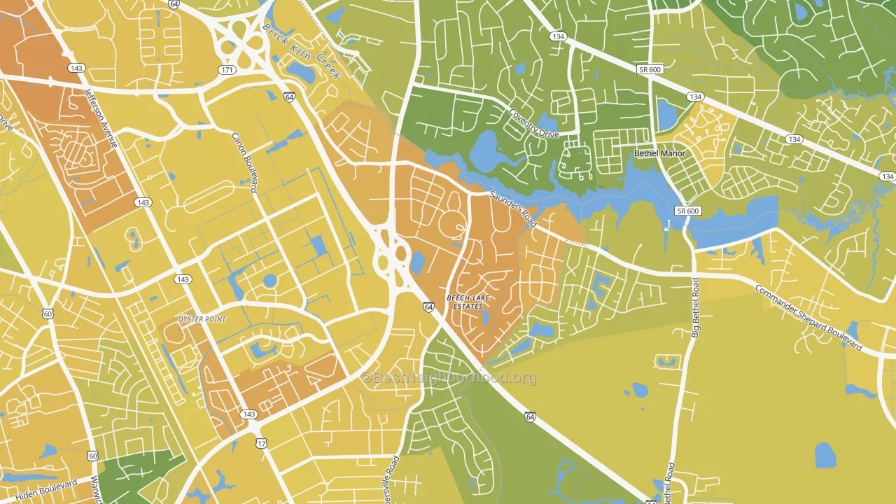 Map of the best neighborhoods in the Saunders, Newport News area, with better matches in green and worse matches in red