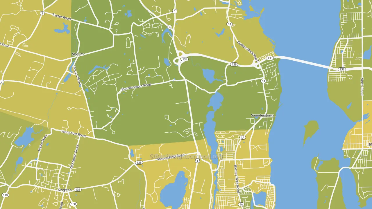 Map of the best neighborhoods in the Saunderstown area, with better matches in green and worse matches in red