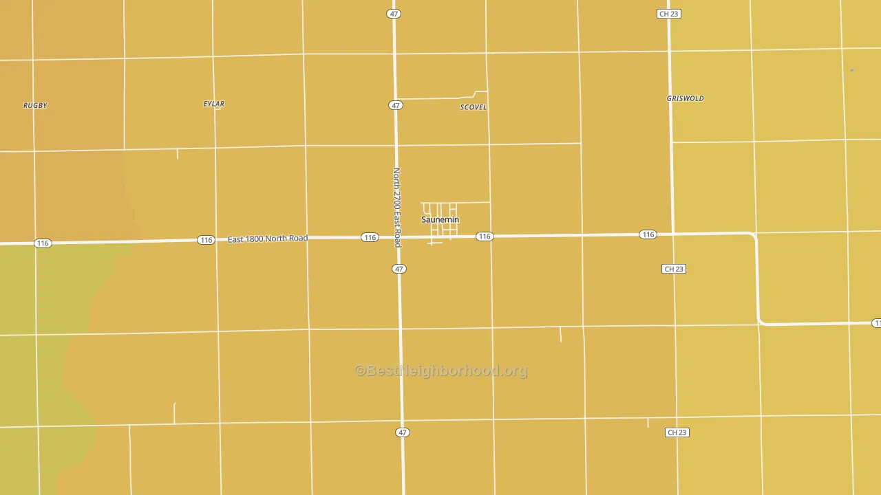 Map of the best neighborhoods in the Saunemin area, with better matches in green and worse matches in red
