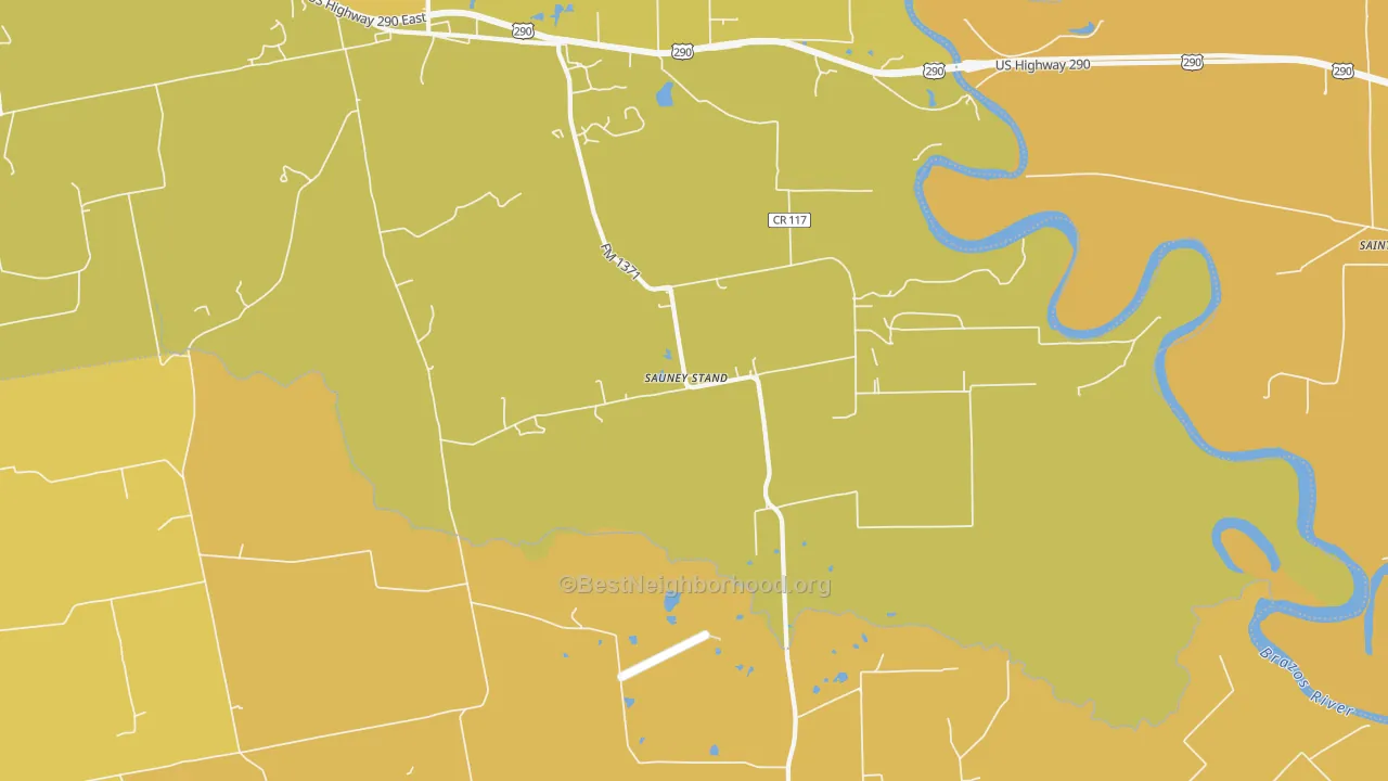 Map of the best neighborhoods in the Sauney Stand area, with better matches in green and worse matches in red