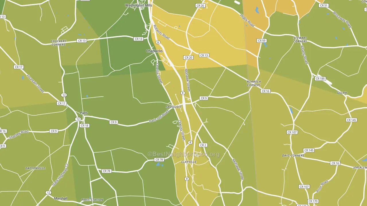 Map of the best neighborhoods in the Sauquoit area, with better matches in green and worse matches in red