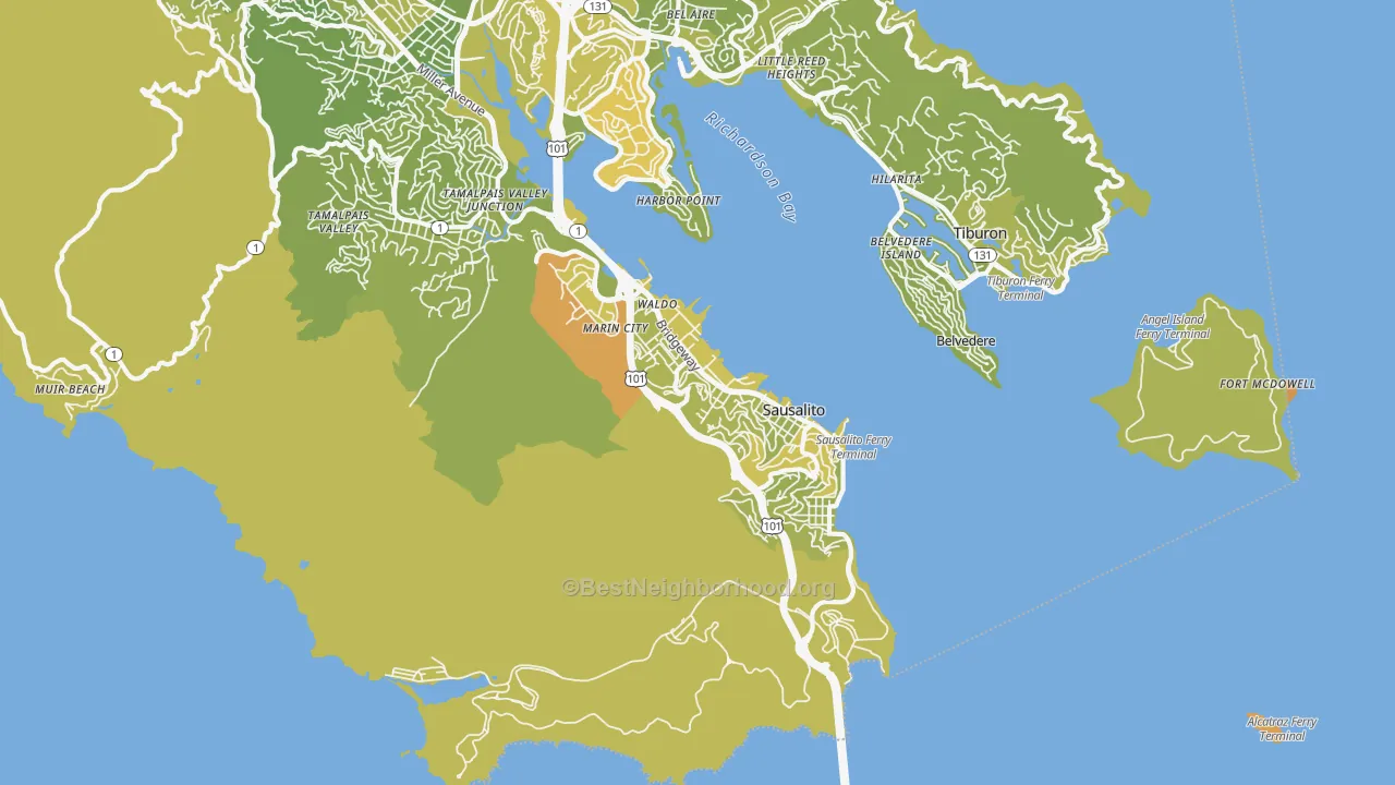 Map of the best neighborhoods in the Sausalito area, with better matches in green and worse matches in red