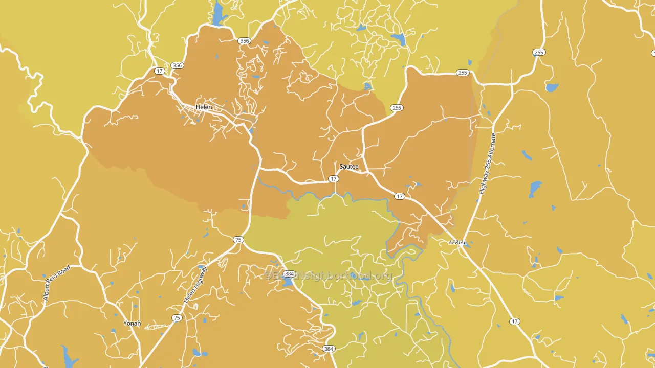 Map of the best neighborhoods in the Sautee Nacoochee area, with better matches in green and worse matches in red