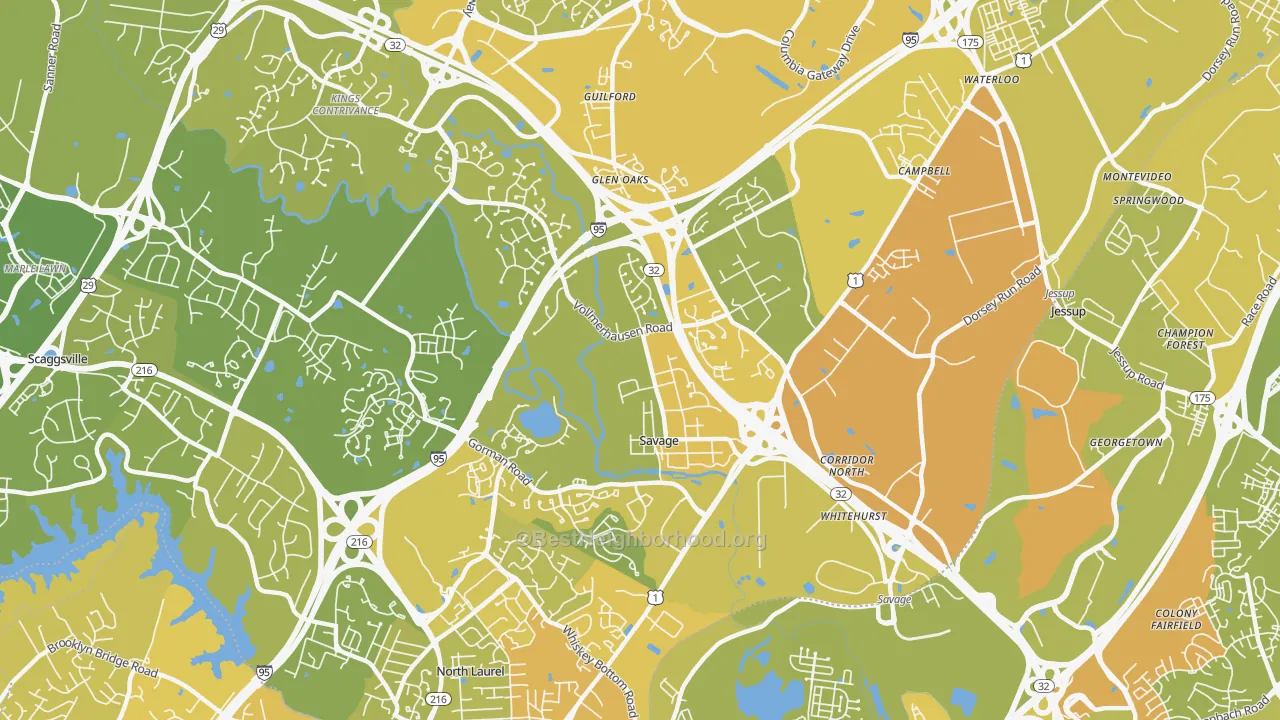 Map of the best neighborhoods in the Savage-Guilford, Laurel area, with better matches in green and worse matches in red