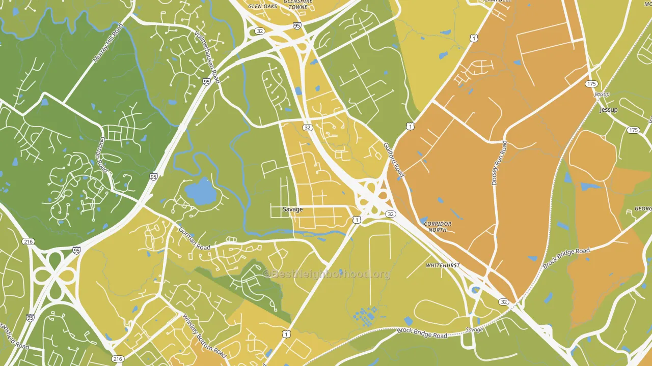Map of the best neighborhoods in the Savage area, with better matches in green and worse matches in red