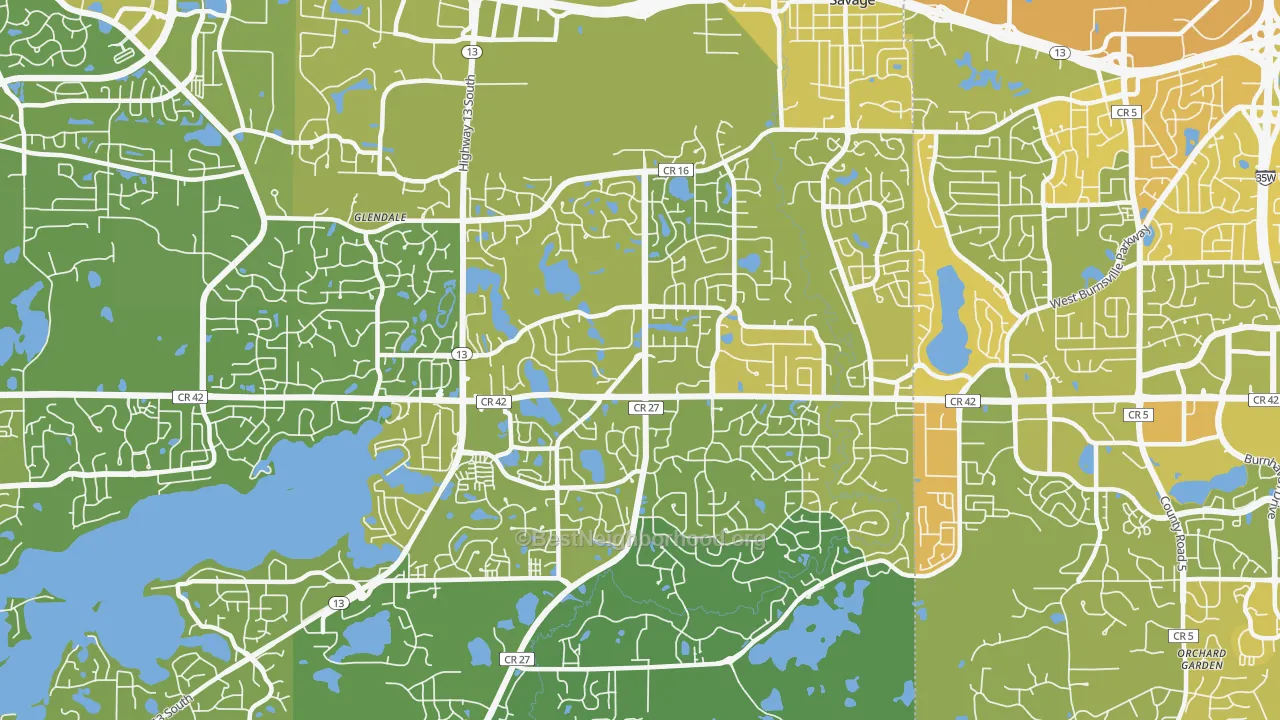 Map of the best neighborhoods in the Savage area, with better matches in green and worse matches in red