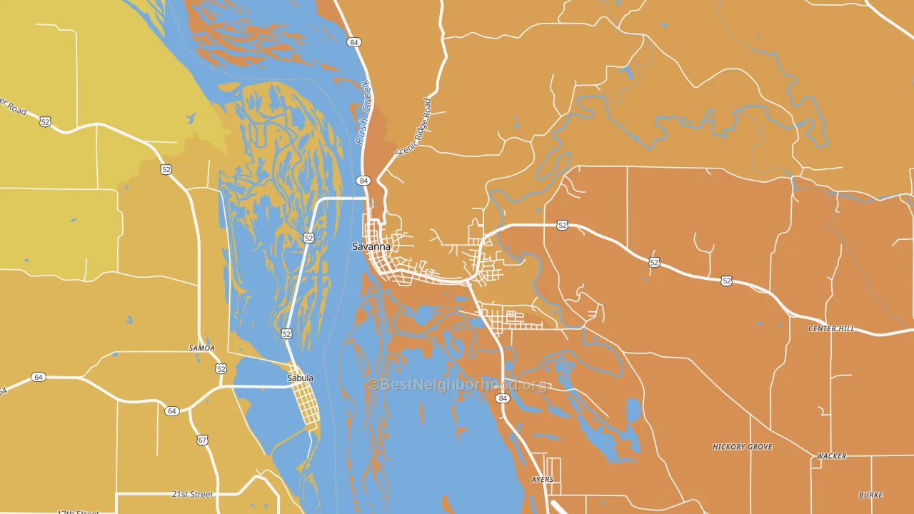 Map of the best neighborhoods in the Savanna area, with better matches in green and worse matches in red
