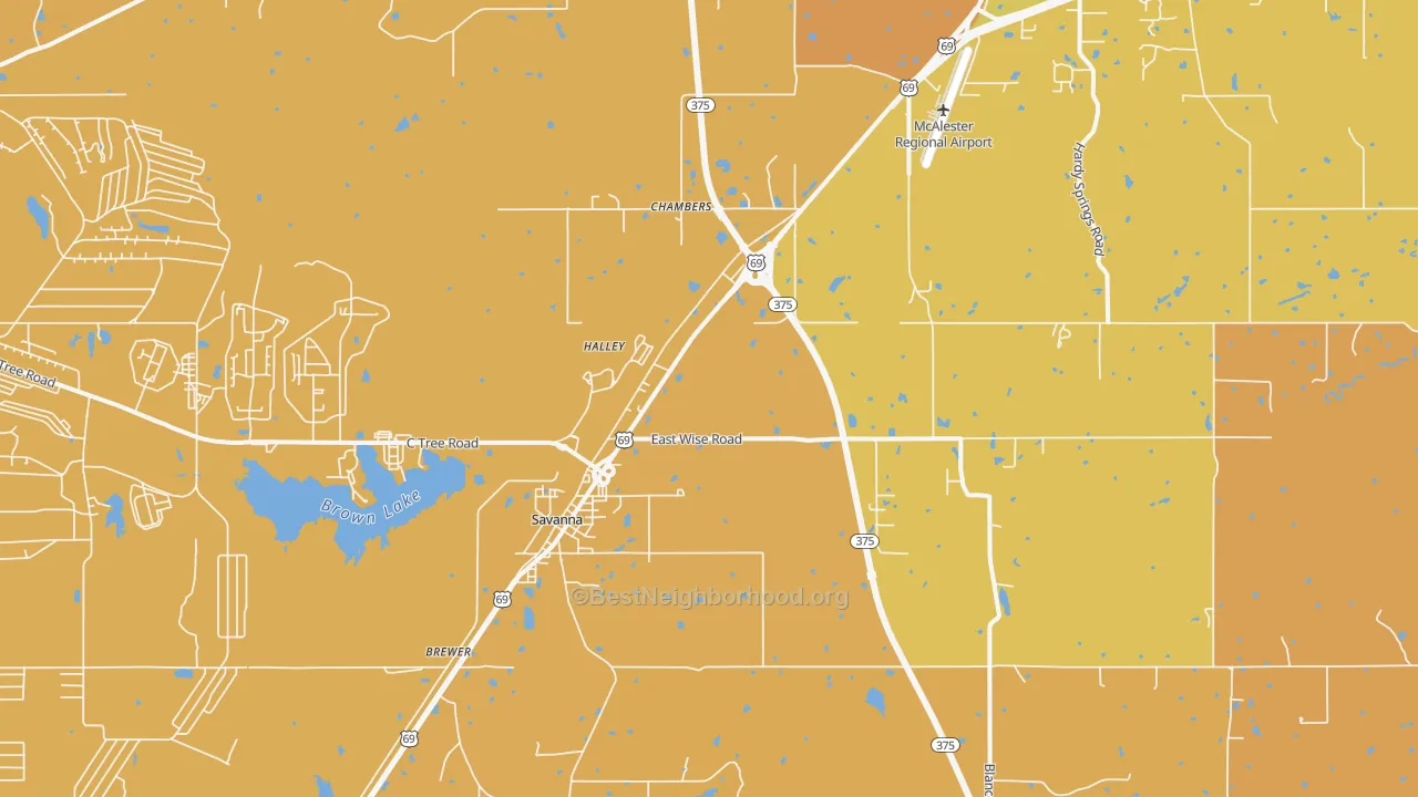 Map of the best neighborhoods in the Savanna area, with better matches in green and worse matches in red