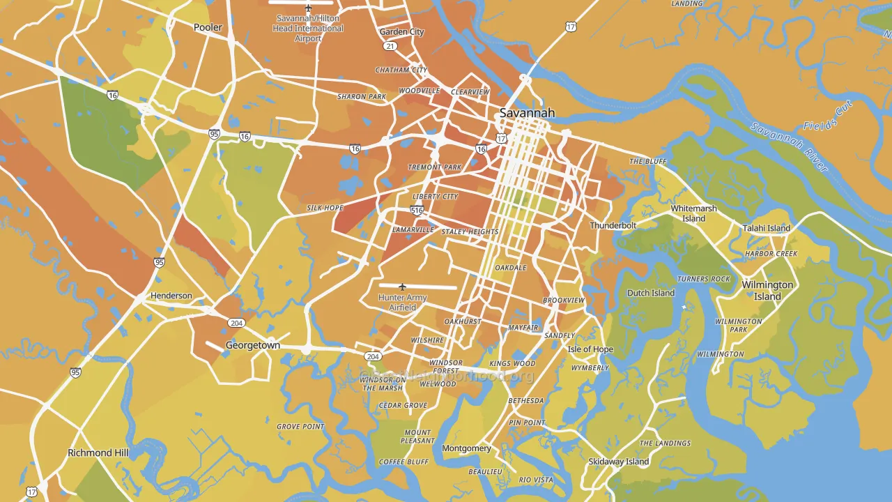Map of the best neighborhoods in the Savannah Metro area, with better matches in green and worse matches in red