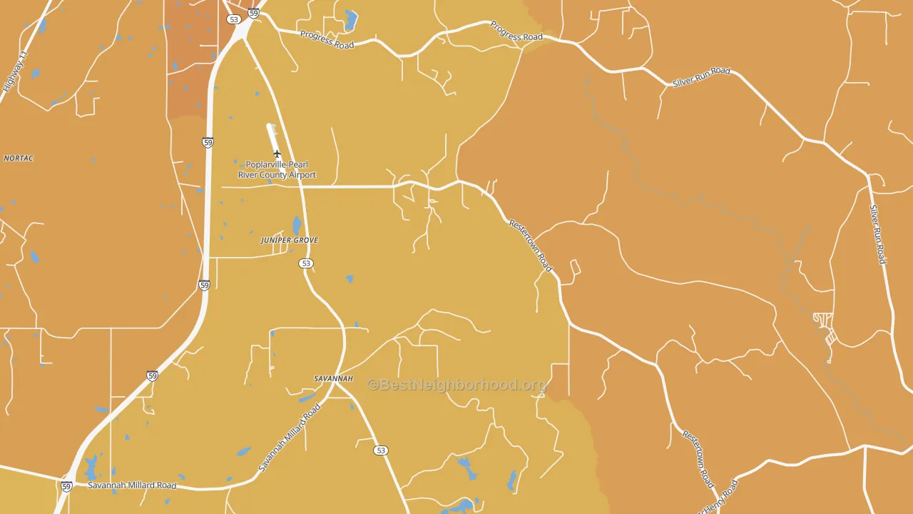 Map of the best neighborhoods in the Savannah area, with better matches in green and worse matches in red