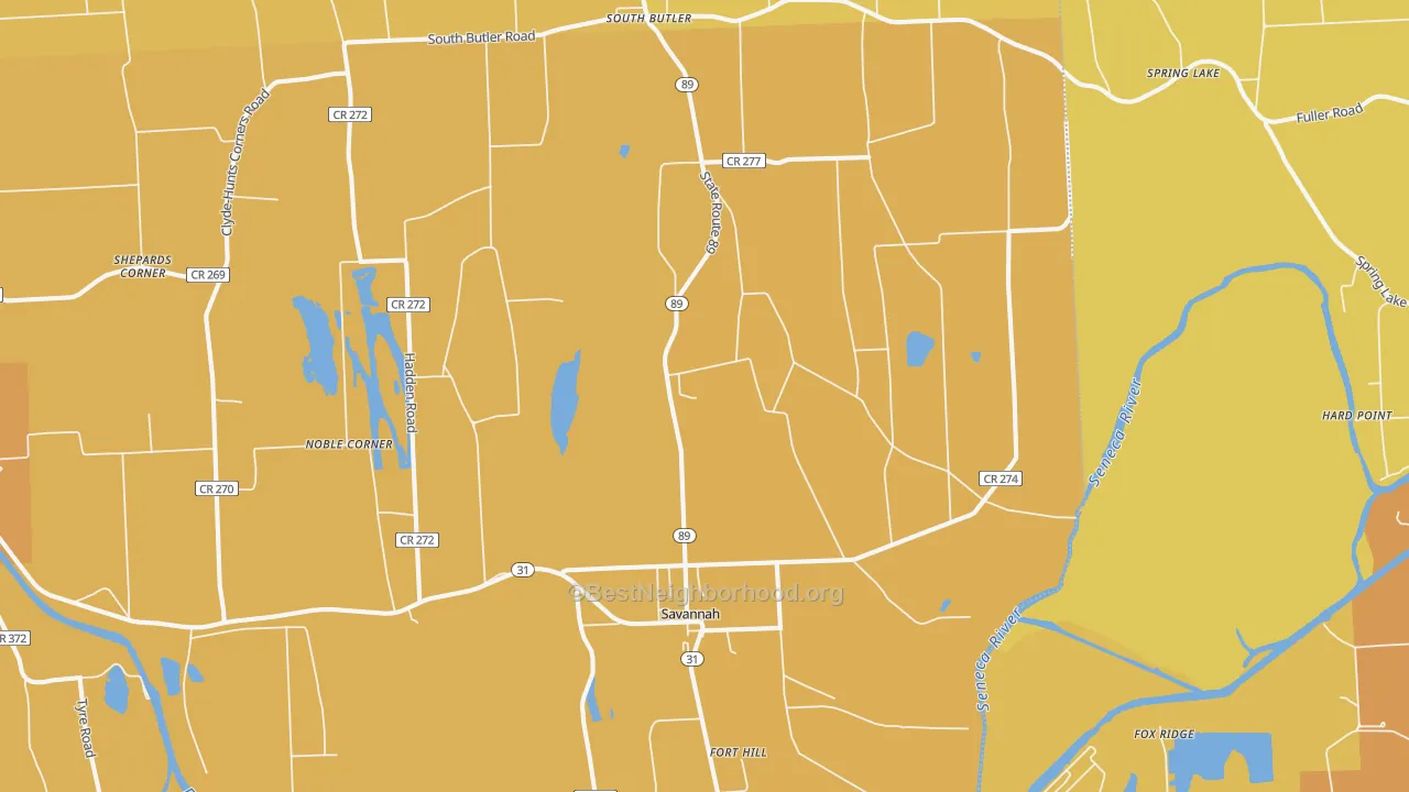 Map of the best neighborhoods in the Savannah area, with better matches in green and worse matches in red