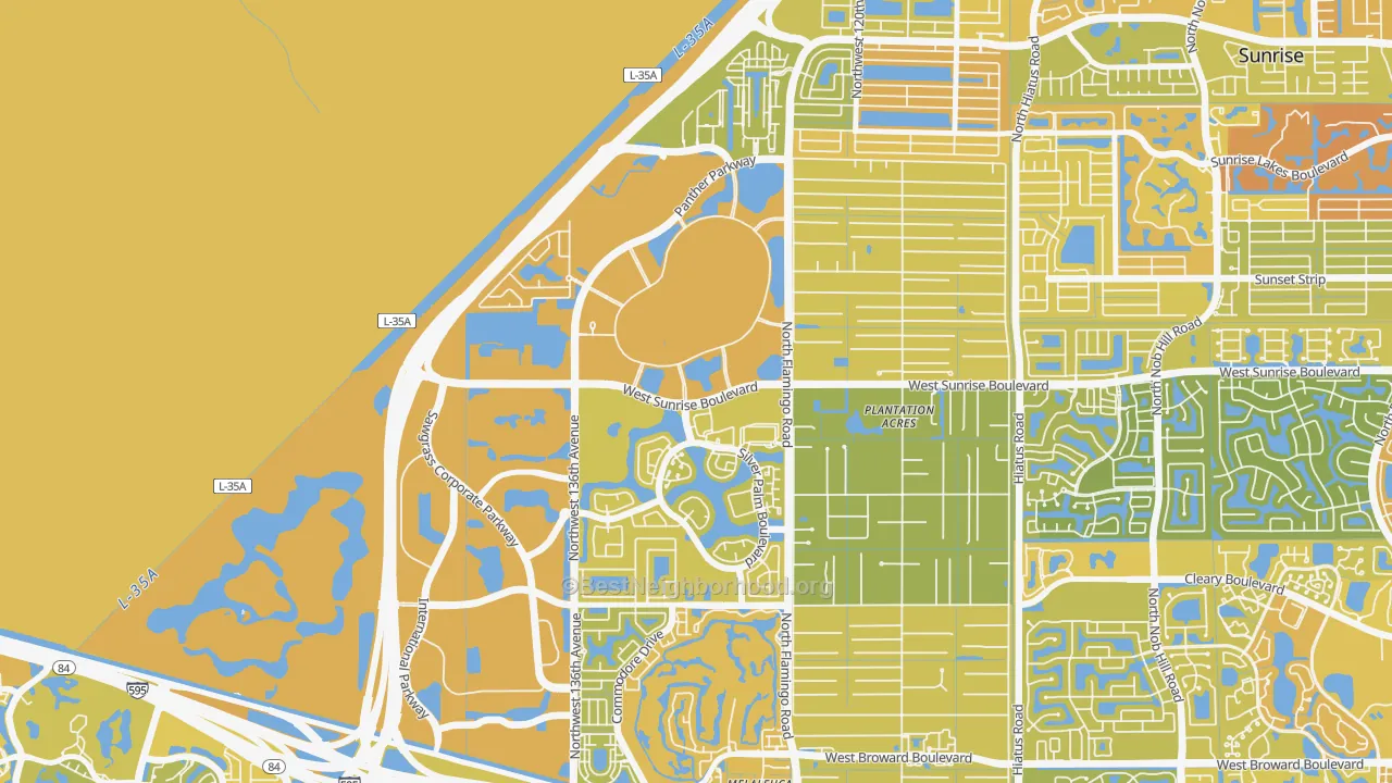 Map of the best neighborhoods in the Savannah, Sunrise area, with better matches in green and worse matches in red