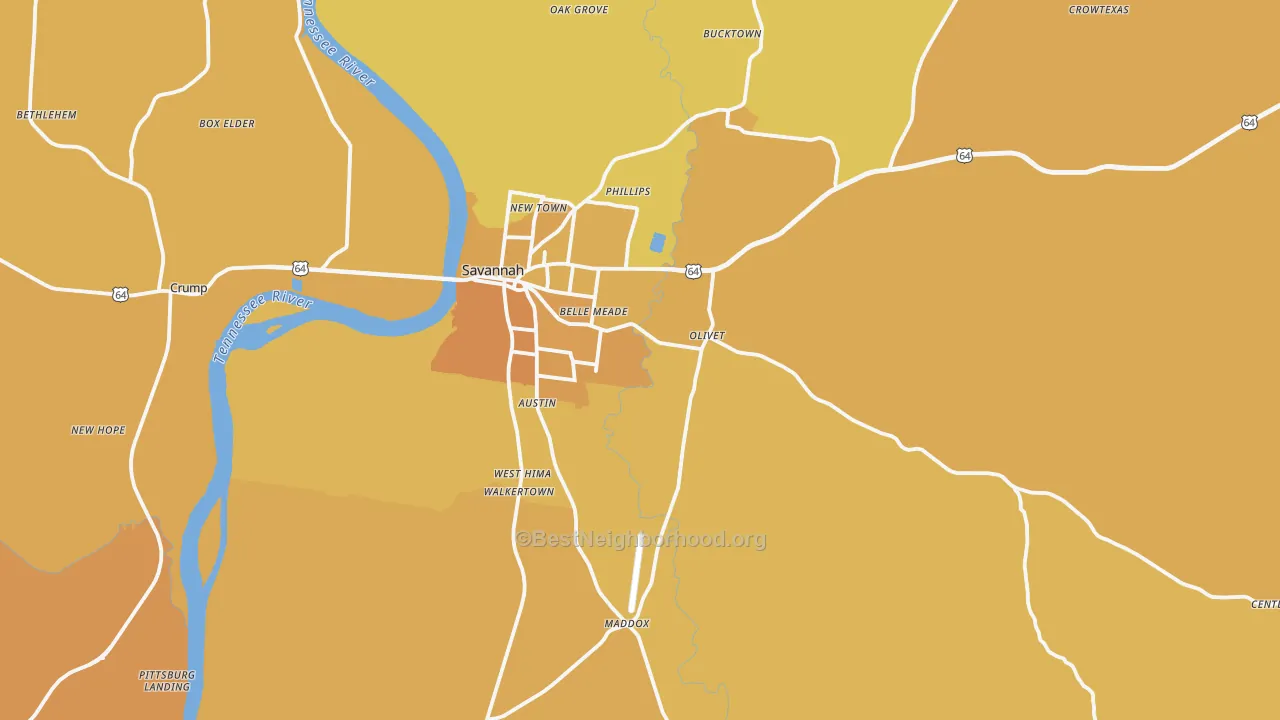 Map of the best neighborhoods in the Savannah area, with better matches in green and worse matches in red