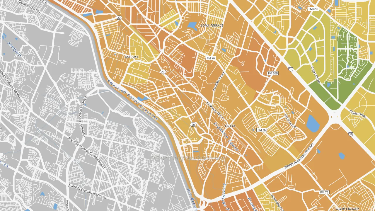 Map of the best neighborhoods in the Save The Valley 21, El Paso area, with better matches in green and worse matches in red