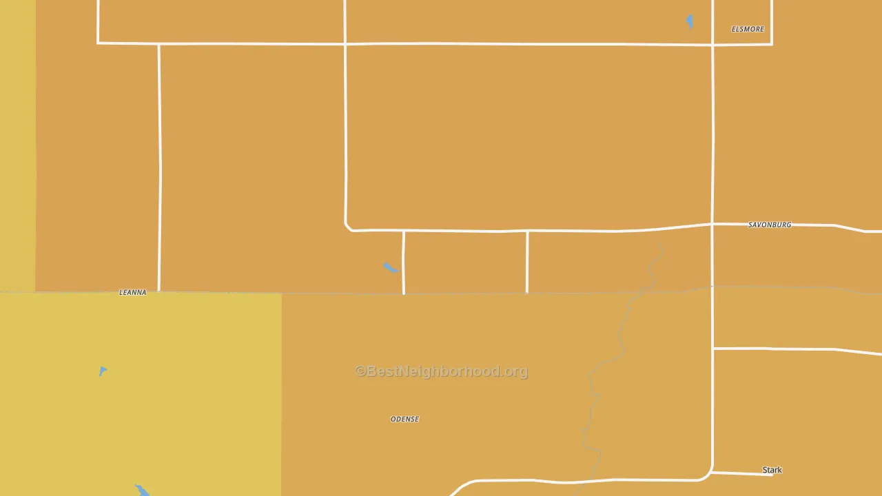 Map of the best neighborhoods in the Savonburg area, with better matches in green and worse matches in red