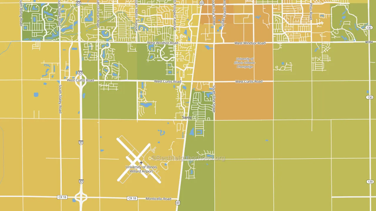 Map of the best neighborhoods in the Savoy area, with better matches in green and worse matches in red