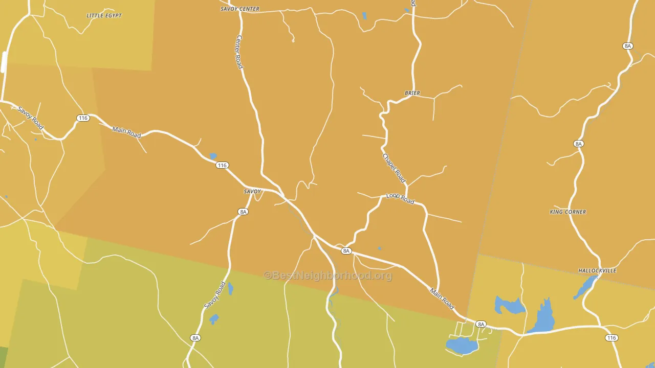 Map of the best neighborhoods in the Savoy area, with better matches in green and worse matches in red
