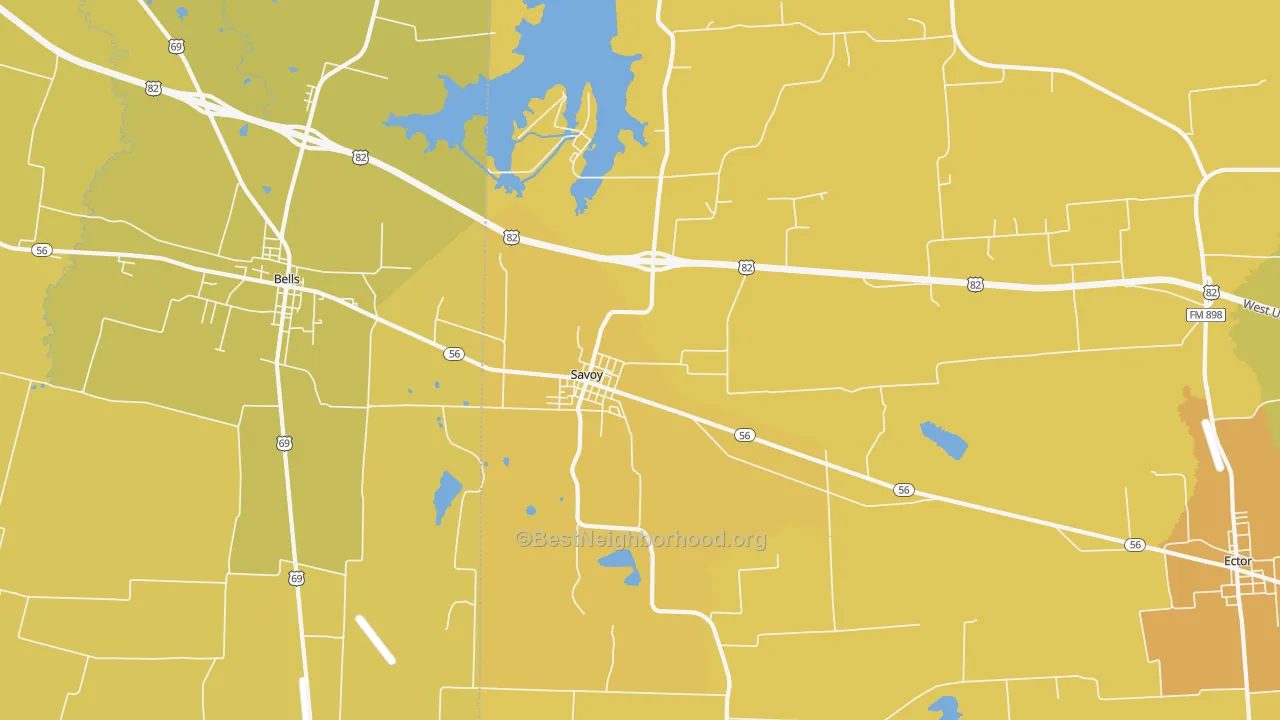 Map of the best neighborhoods in the Savoy area, with better matches in green and worse matches in red