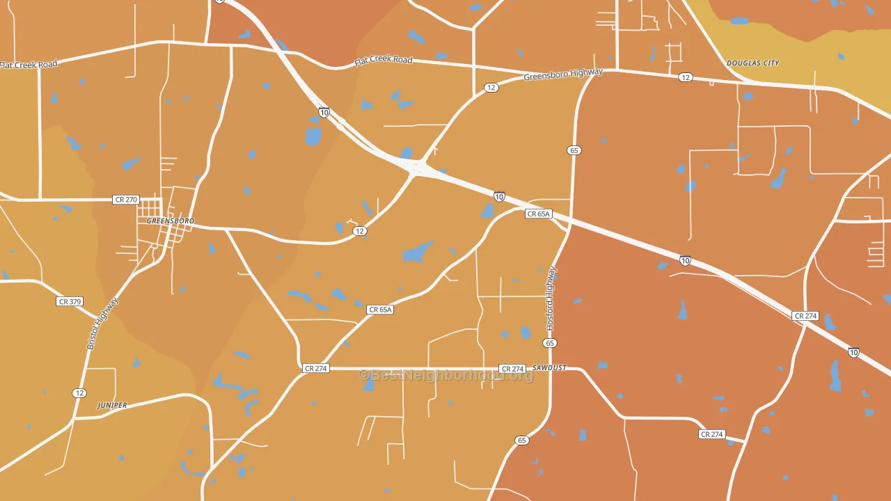 Map of the best neighborhoods in the Sawdust area, with better matches in green and worse matches in red