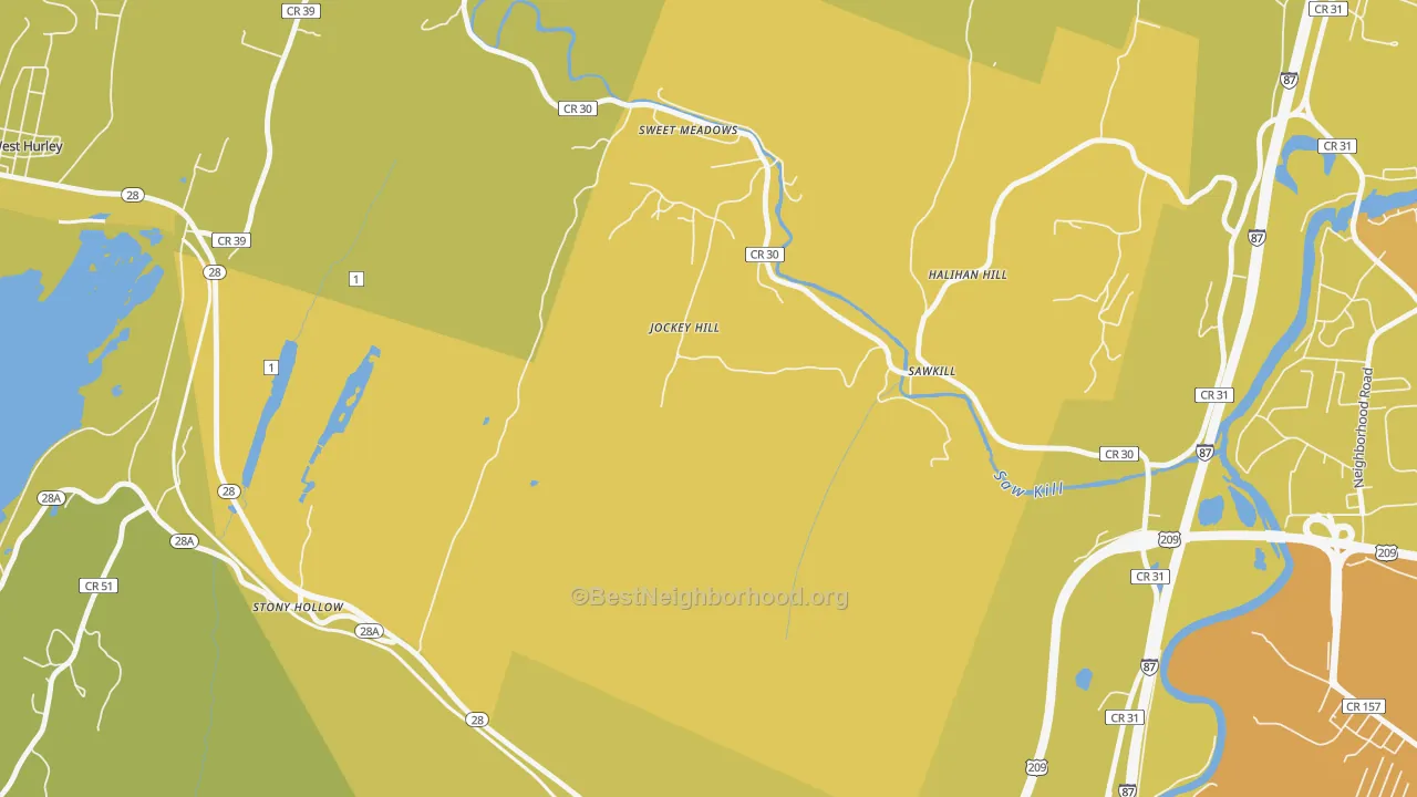 Map of the best neighborhoods in the Sawkill area, with better matches in green and worse matches in red