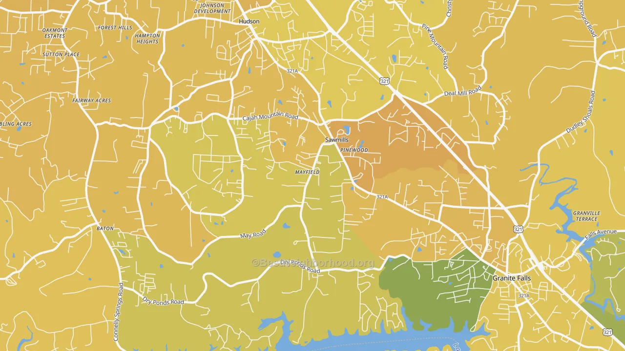 Map of the best neighborhoods in the Sawmills area, with better matches in green and worse matches in red