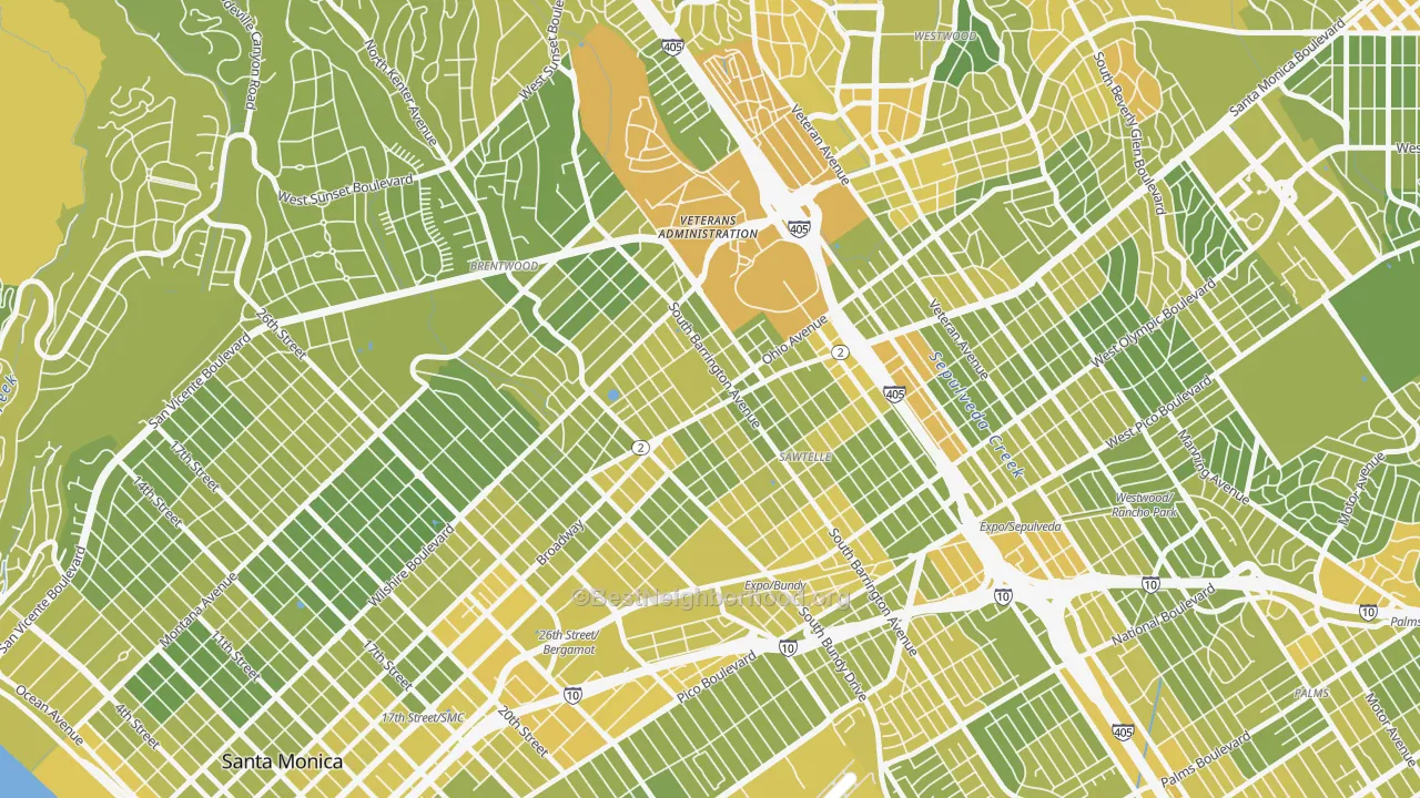 Map of the best neighborhoods in the Sawtelle, Los Angeles area, with better matches in green and worse matches in red