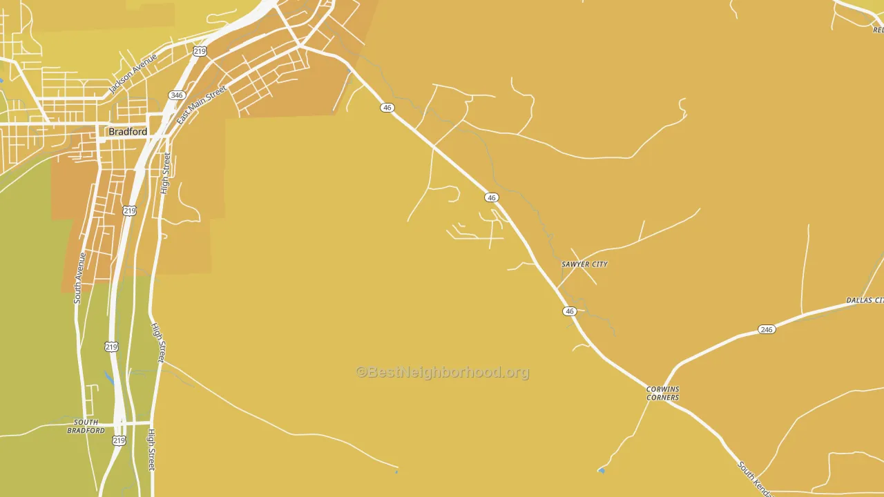 Map of the best neighborhoods in the Sawyer City area, with better matches in green and worse matches in red