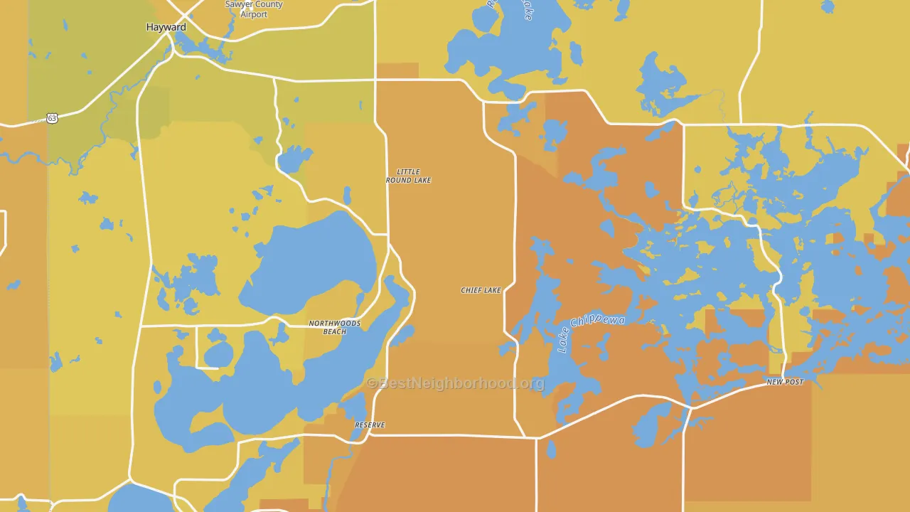 Map of the best neighborhoods in the Sawyer County area, with better matches in green and worse matches in red