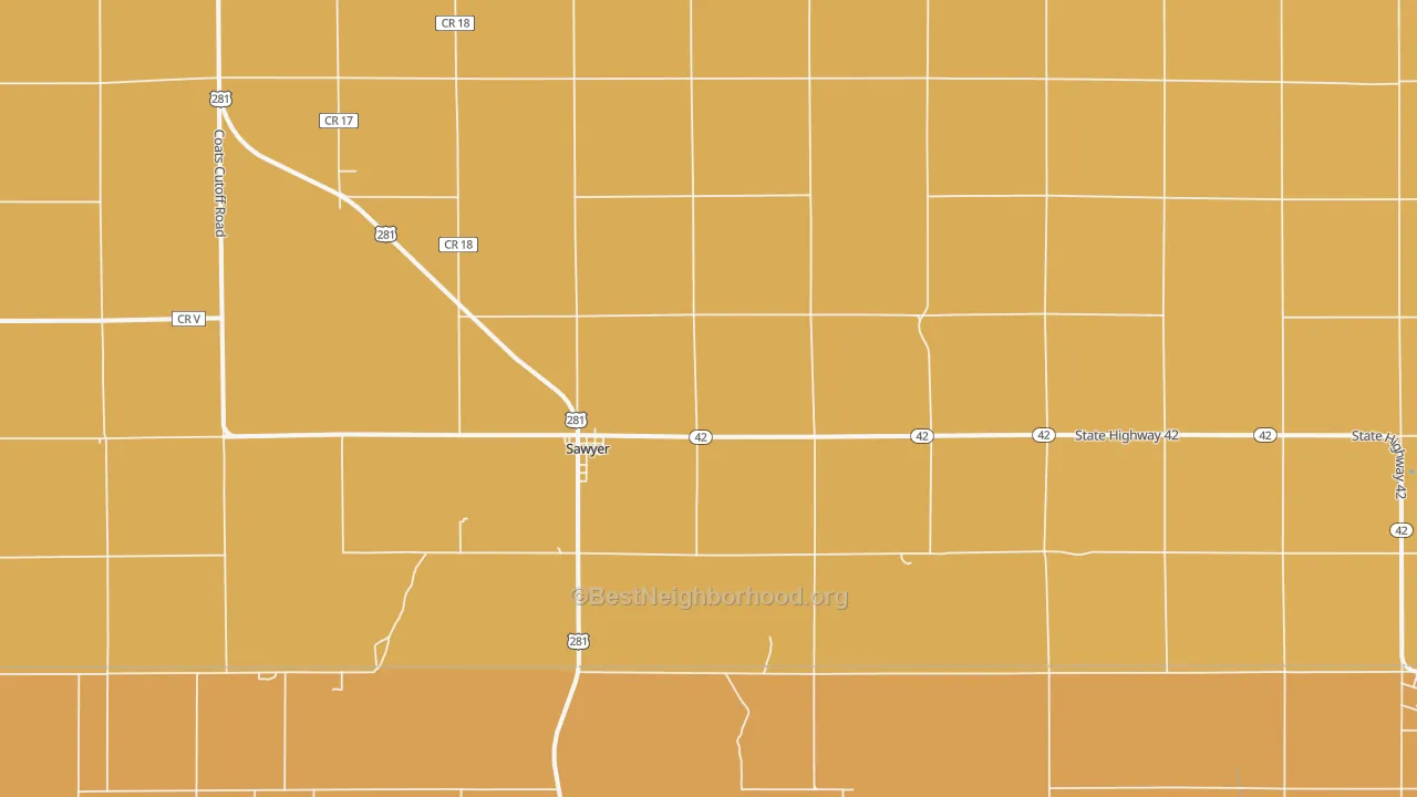 Map of the best neighborhoods in the Sawyer area, with better matches in green and worse matches in red