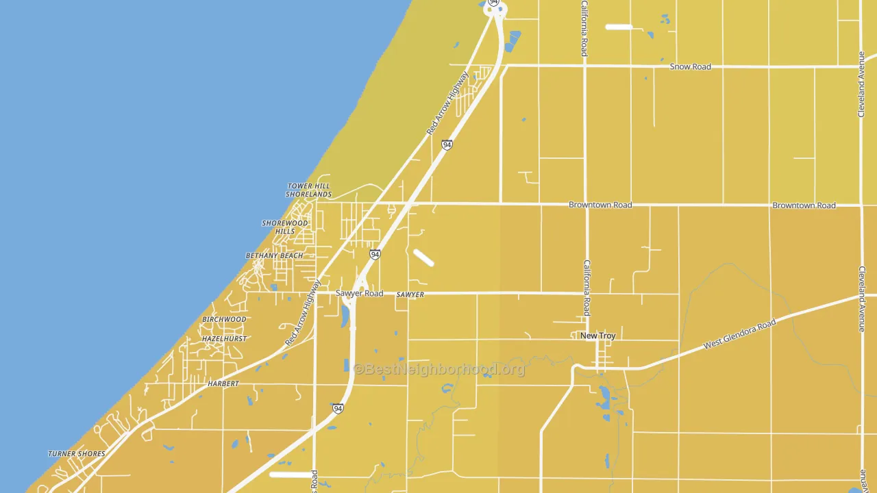 Map of the best neighborhoods in the Sawyer area, with better matches in green and worse matches in red