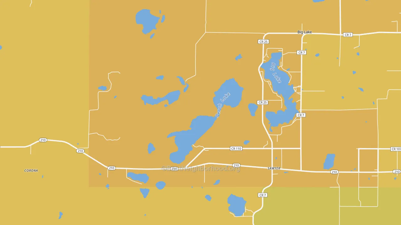 Map of the best neighborhoods in the Sawyer area, with better matches in green and worse matches in red