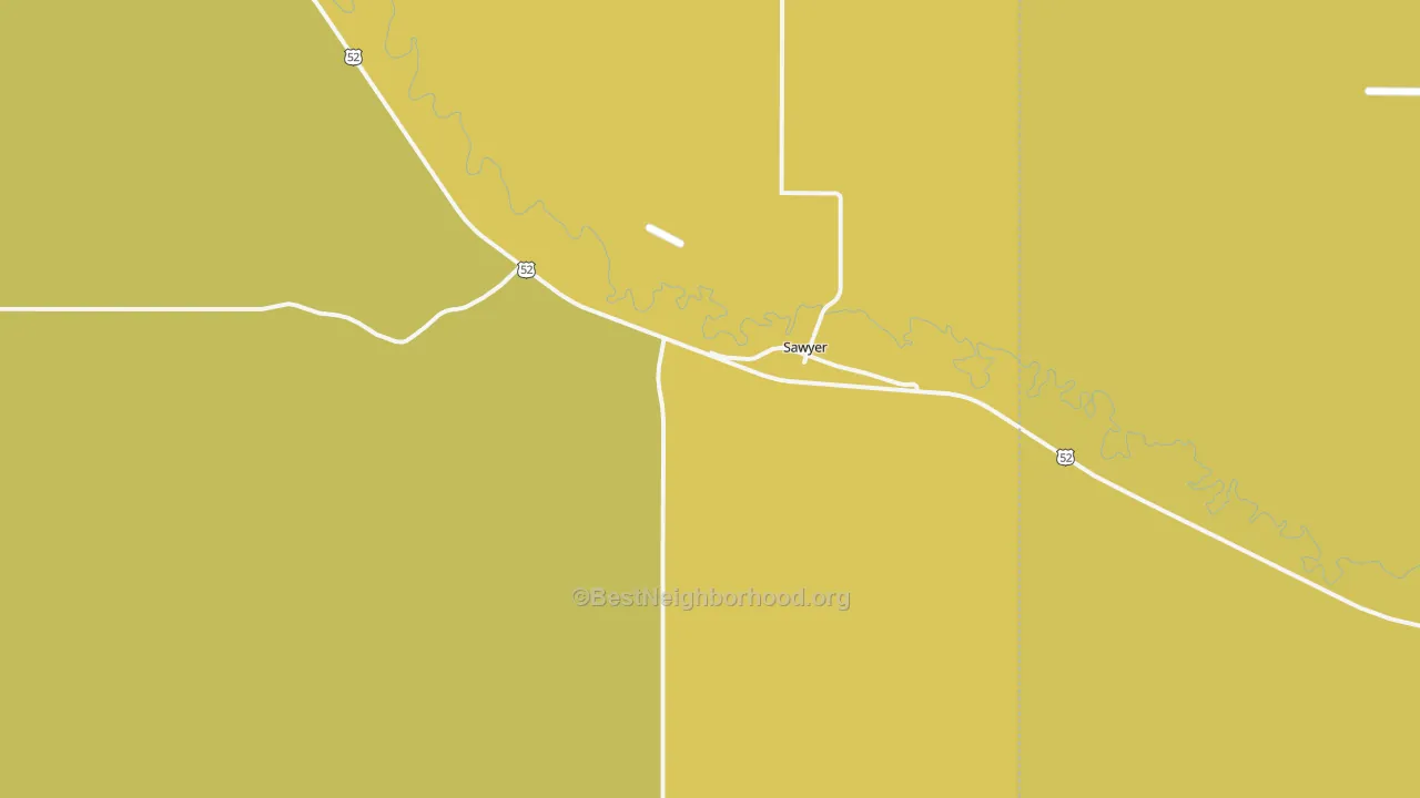 Map of the best neighborhoods in the Sawyer area, with better matches in green and worse matches in red