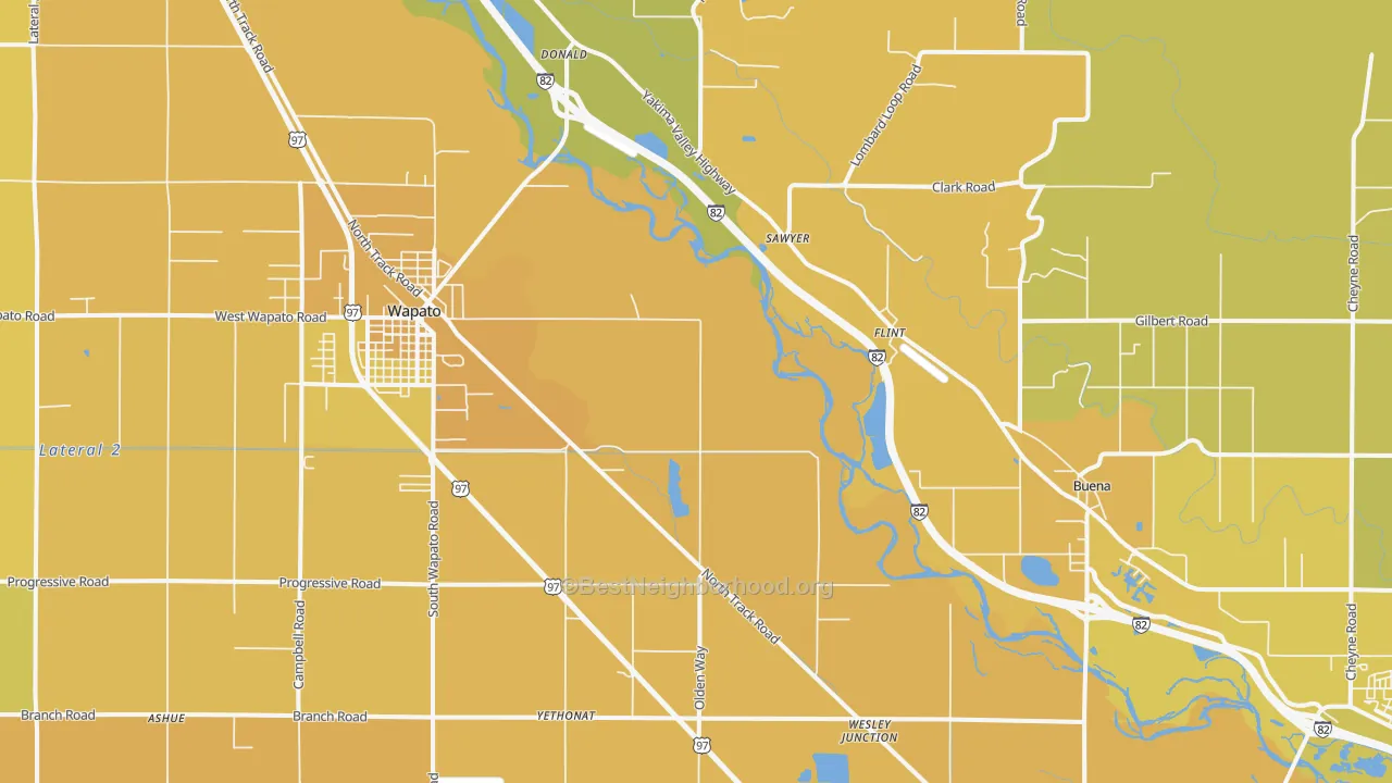 Map of the best neighborhoods in the Sawyer area, with better matches in green and worse matches in red