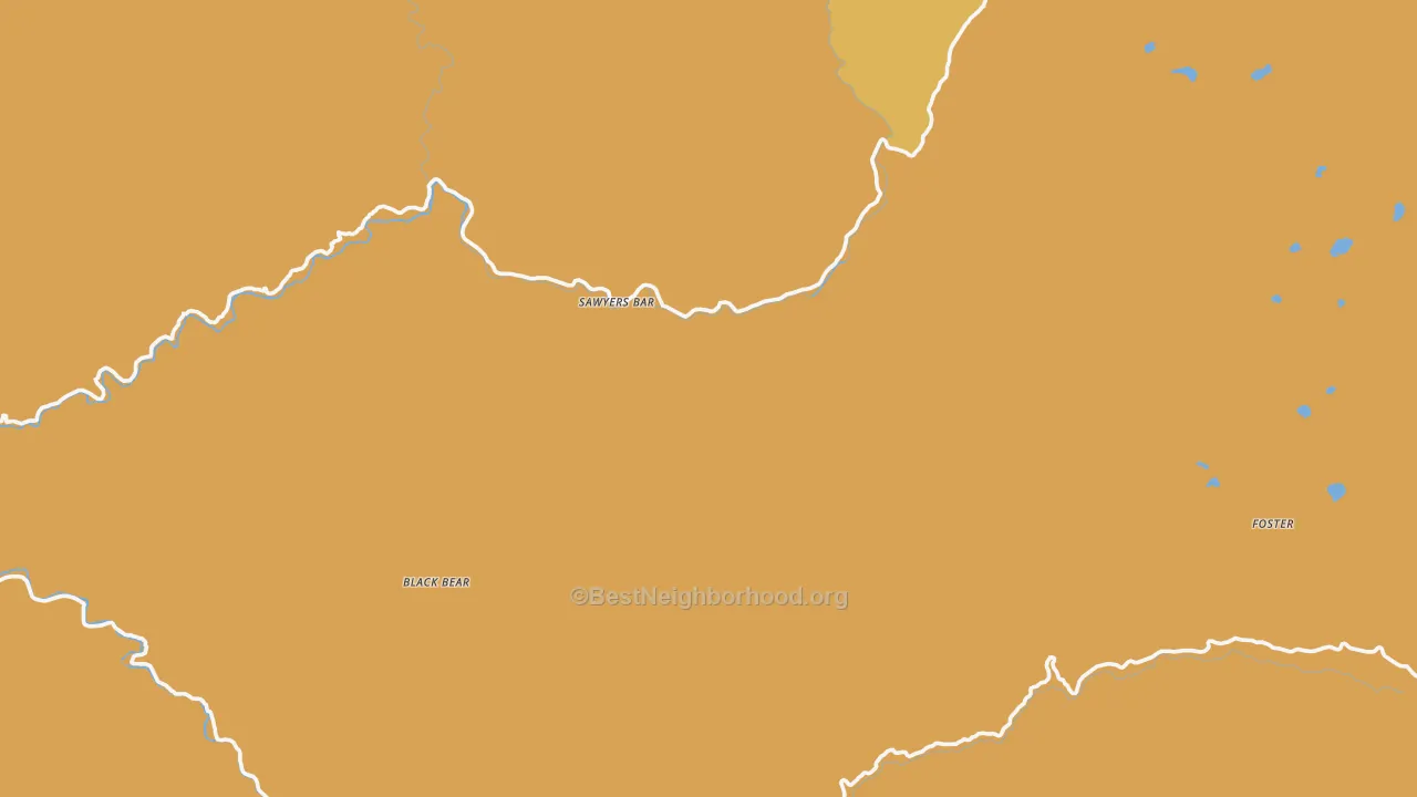 Map of the best neighborhoods in the Sawyers Bar area, with better matches in green and worse matches in red