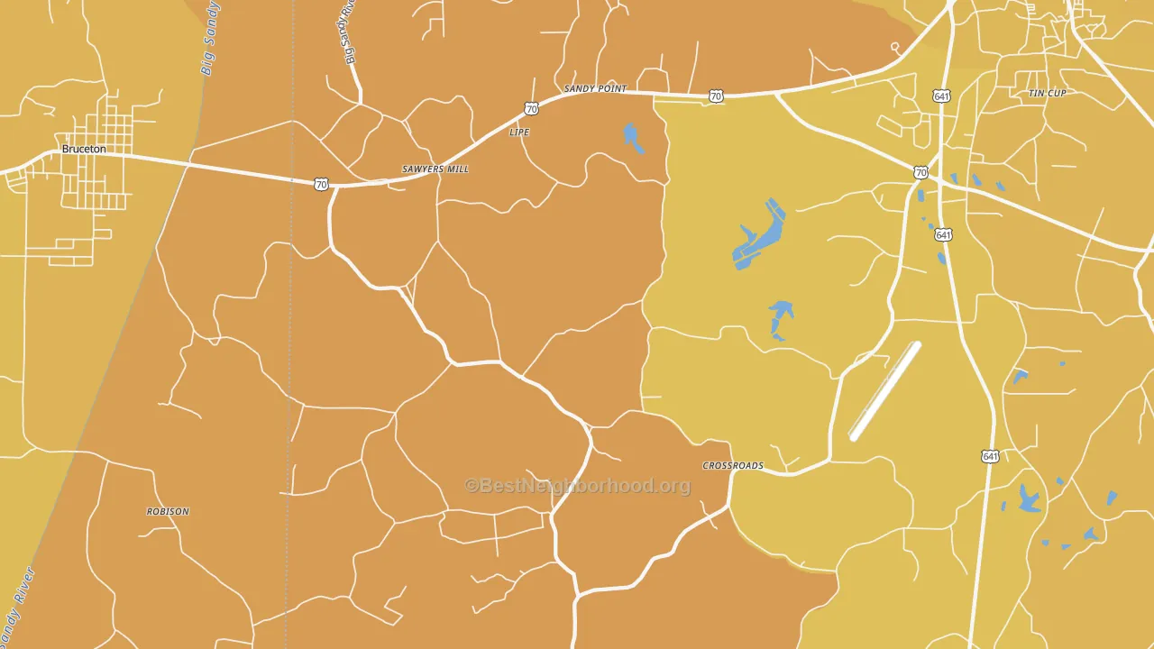 Map of the best neighborhoods in the Sawyers Mill area, with better matches in green and worse matches in red