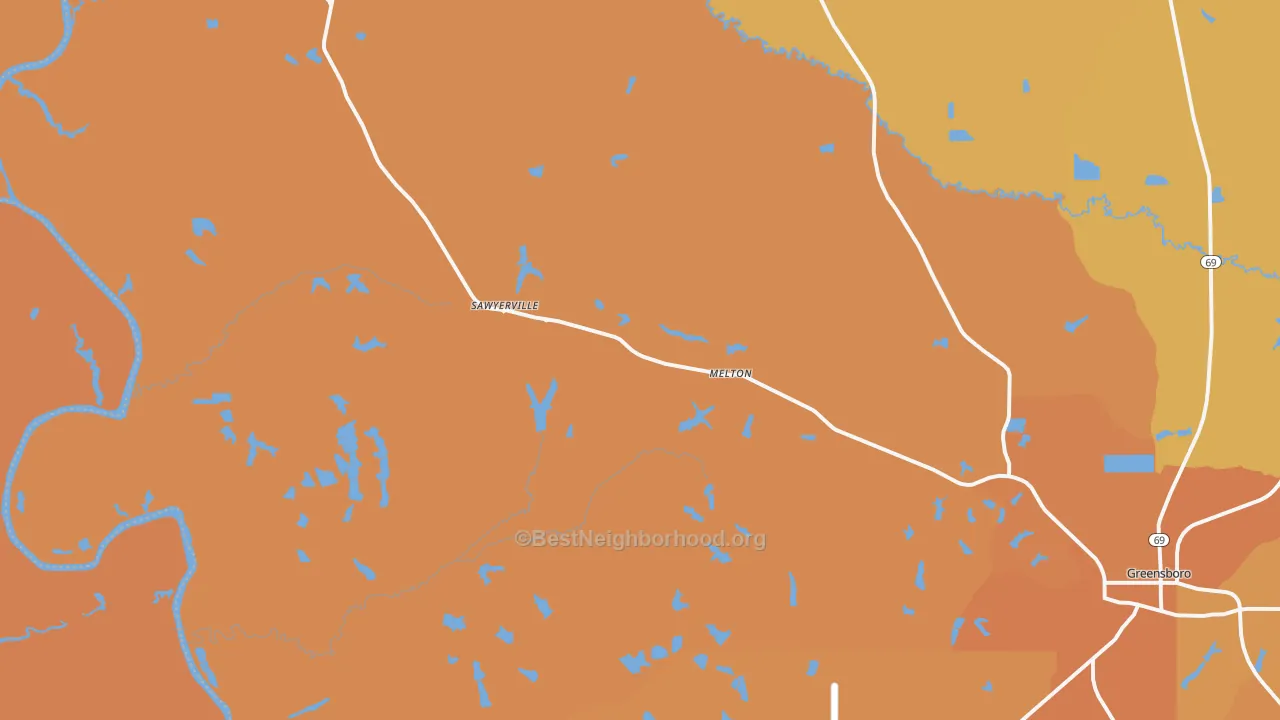 Map of the best neighborhoods in the Sawyerville area, with better matches in green and worse matches in red