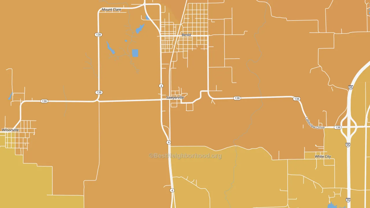 Map of the best neighborhoods in the Sawyerville area, with better matches in green and worse matches in red