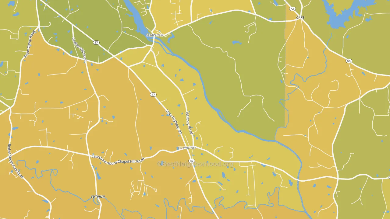 Map of the best neighborhoods in the Saxapahaw area, with better matches in green and worse matches in red