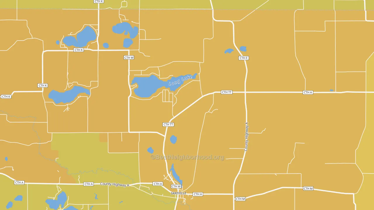 Map of the best neighborhoods in the Saxeville area, with better matches in green and worse matches in red