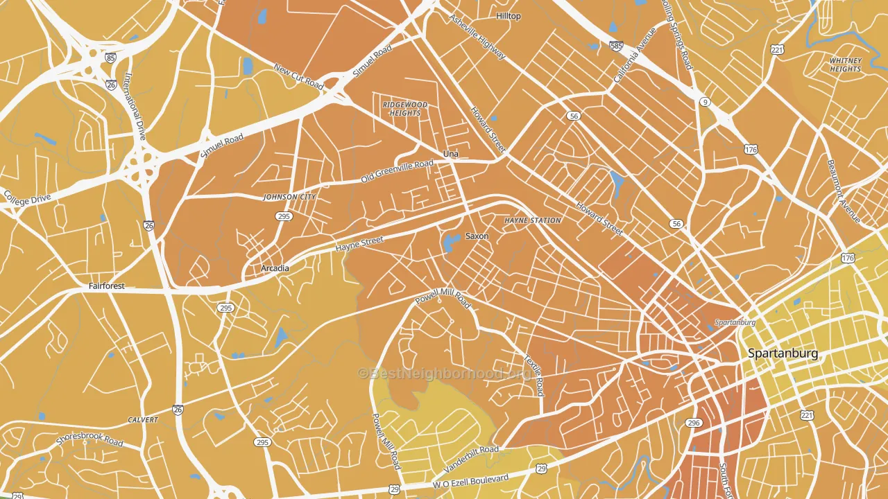 Map of the best neighborhoods in the Saxon area, with better matches in green and worse matches in red