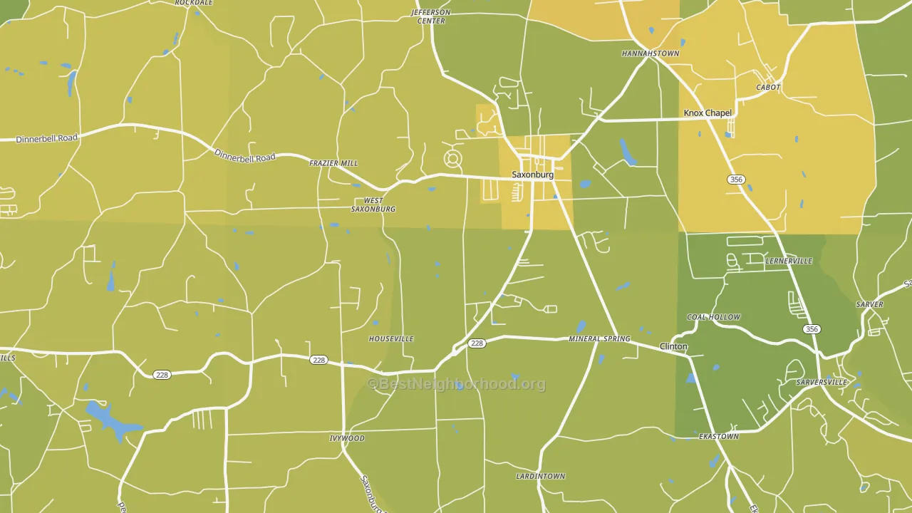 Map of the best neighborhoods in the Saxonburg area, with better matches in green and worse matches in red